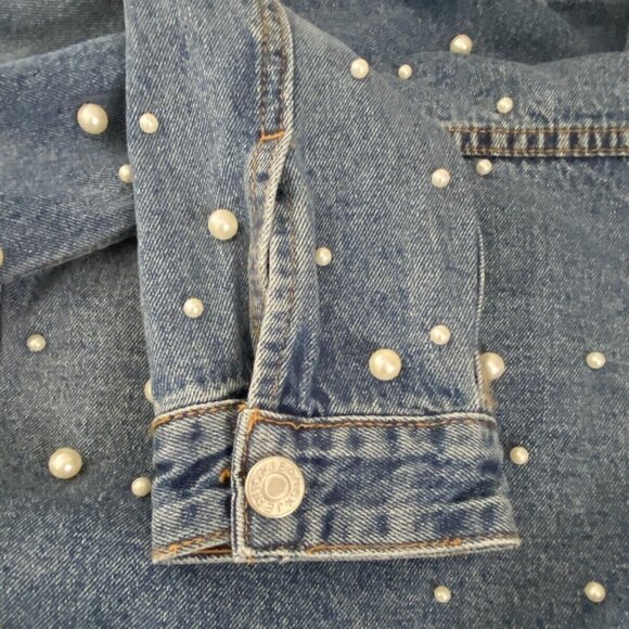 Sunset + Spring Denim Jacket Pearl Embellishment Bride Embroidered Size L NWOT - Picture 10 of 16
